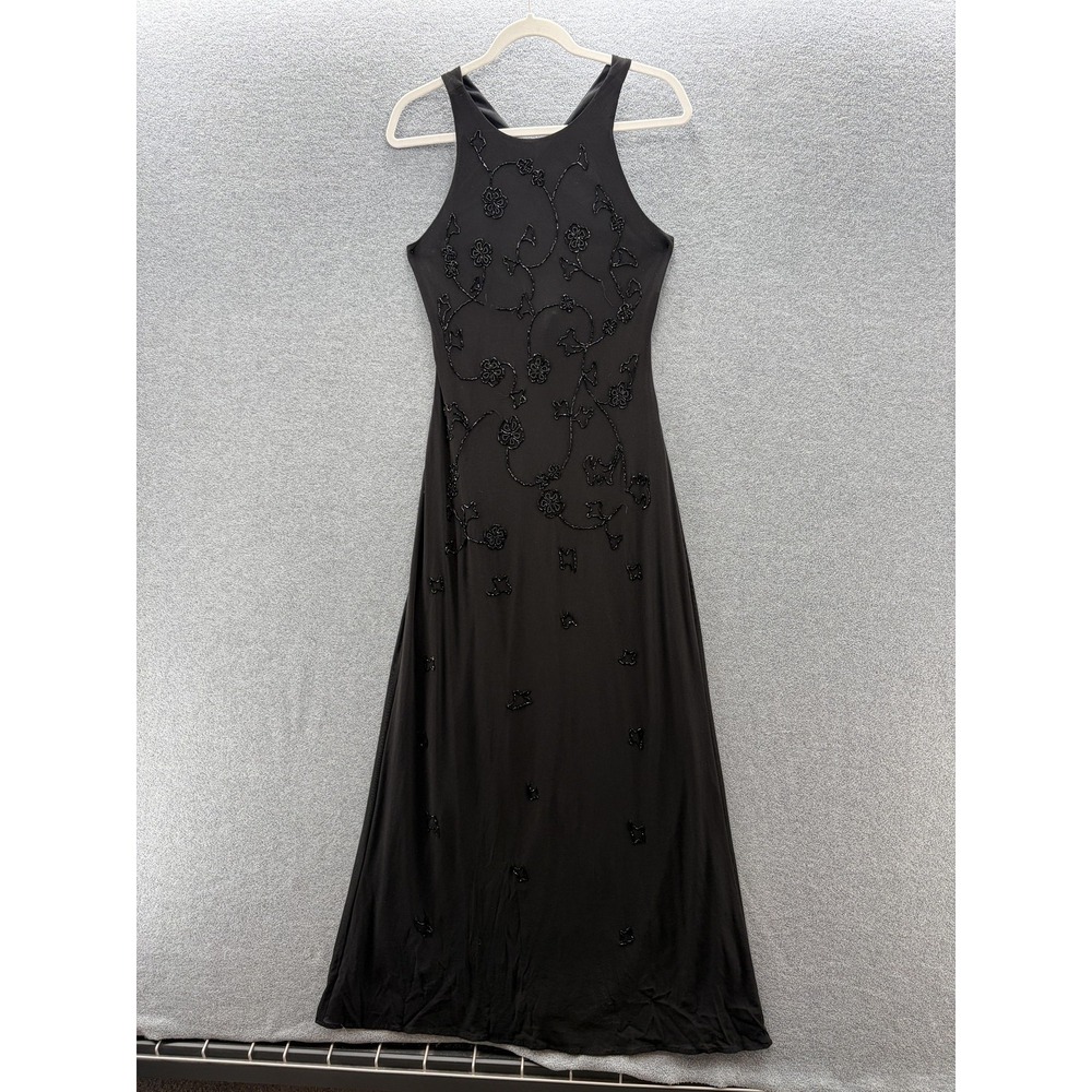 VTG 90s Y2K Stenay Dress Medium Black Beaded Cross Back Maxi Formal Slip Gown